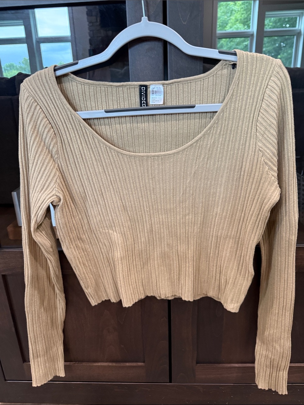 Divided Beige Ribbed Scoop-Neck Long-Sleeve Crop Top